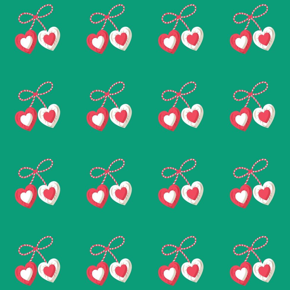 Pattern of hearts on green background of the baba marta festivity vector