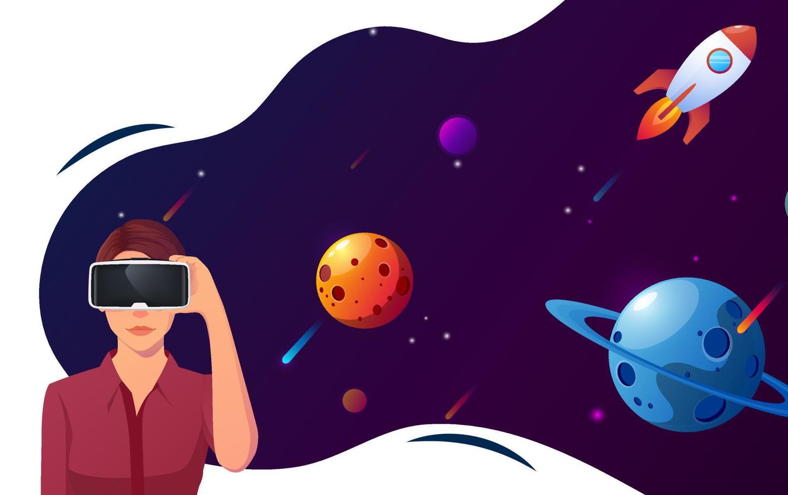 Woman Wearing VR Headset with Space an View Premium Vector