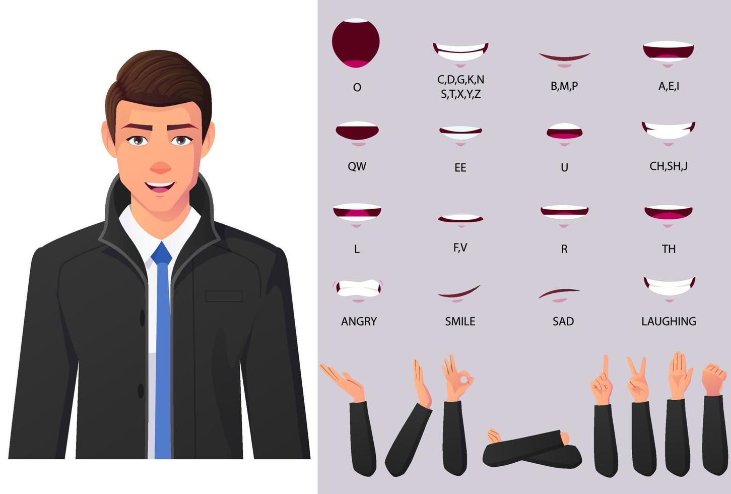 Caucasian Businessman Character Mouth Animation Lip-sync and hand gestures trench coat premium Vector