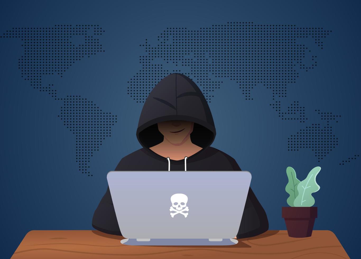 Hacker Hacking On Laptop, Man in Disguise Illustration vector