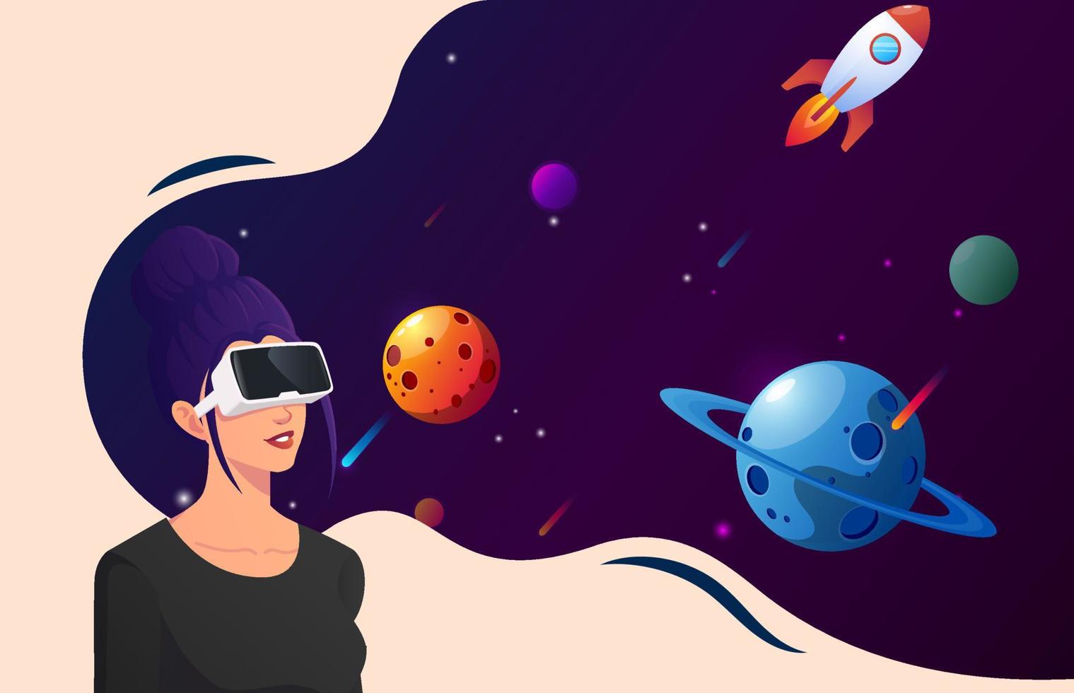 Woman Wearing Virtual Reality Goggles with a Cosmic Space View Vector Illustration