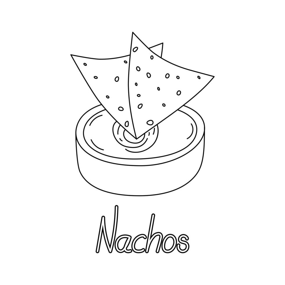 imagen de contorno chips mexicanos de maíz de los nachos y salsa en el tazón con inscripción nachos a mano vector