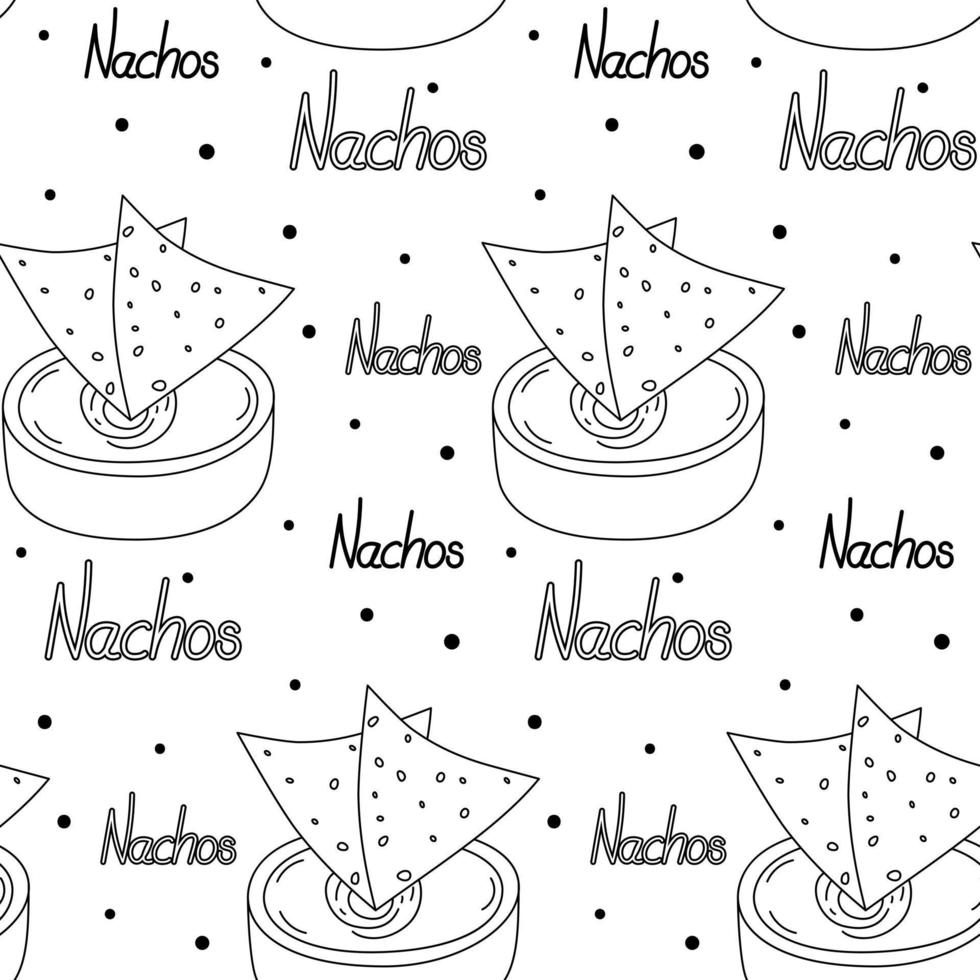 patrón sin fin con nachos de chips de maíz mexicanos y salsa en un tazón con nachos de letras a mano vector