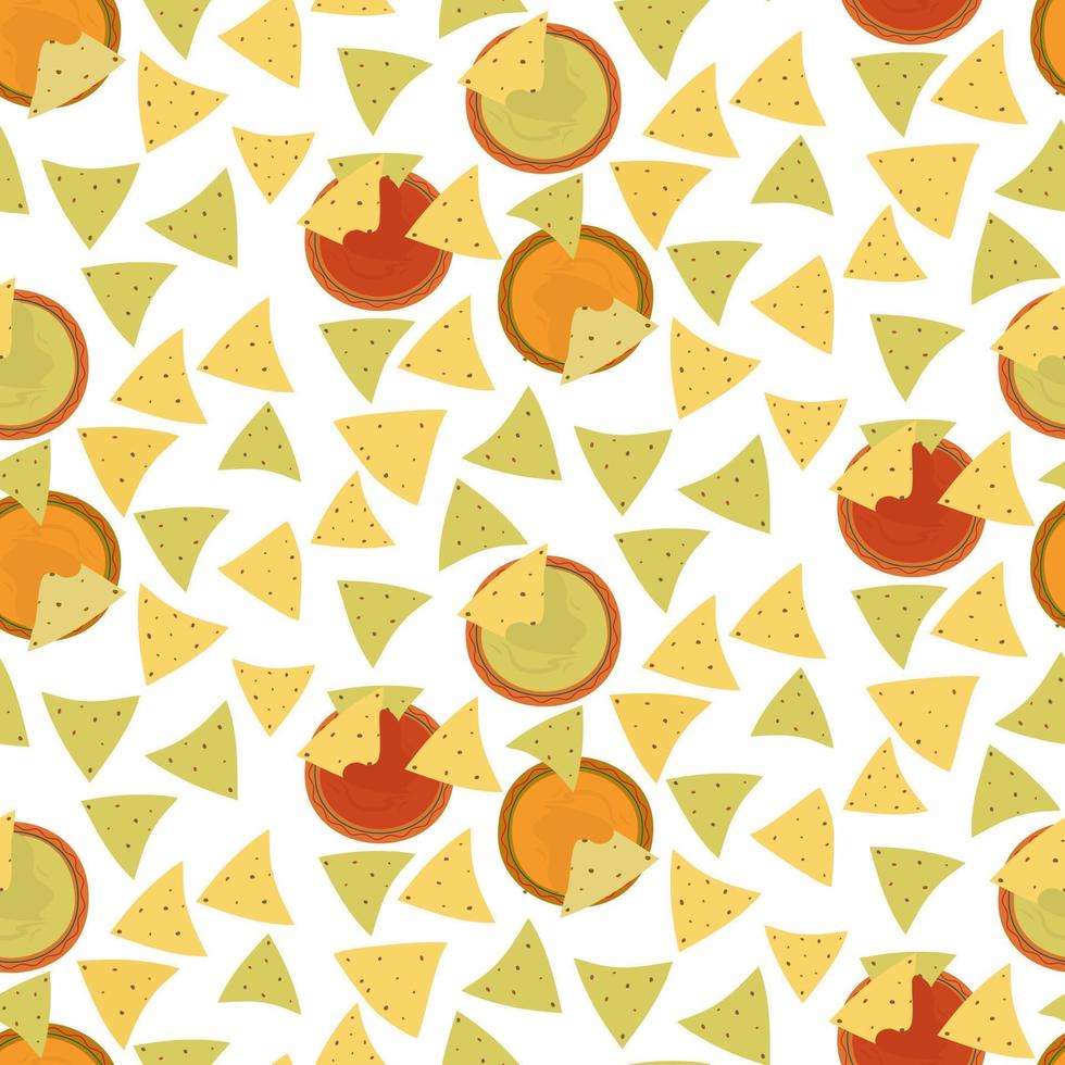 Seamless pattern with traditional colorful nachos corn chips and various sauces in cartoon style. vector