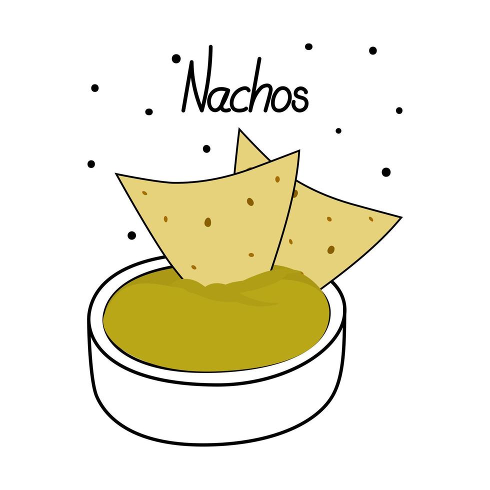 nachos de chips de maíz mexicanos con salsa de guacamole tono verde en un platillo e inscripción de los nachos. vector