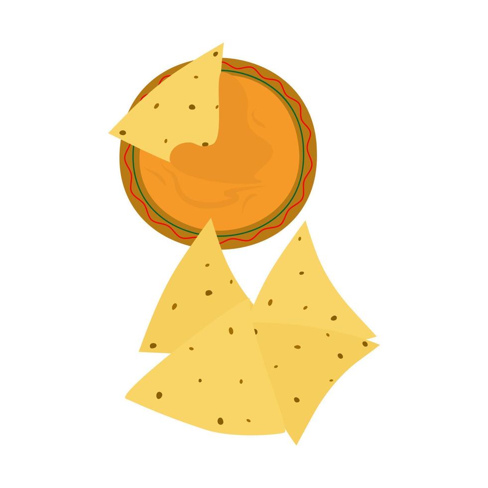 A pile of Mexican cornmeal based nacho chips and traditional orange colored sauce in cartoon style. vector