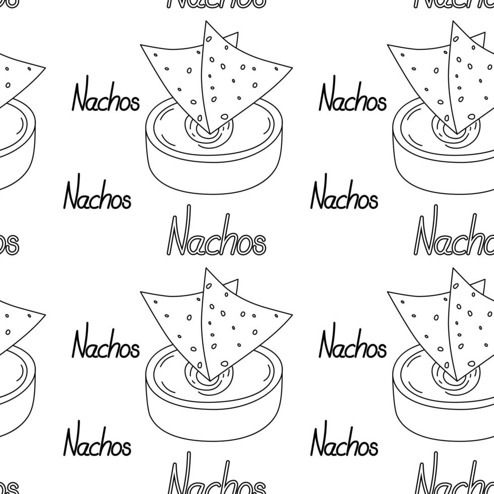 Seamless pattern with Mexican corn chips Nachos and sauce in a bowl with lettering Nachos by hand vector