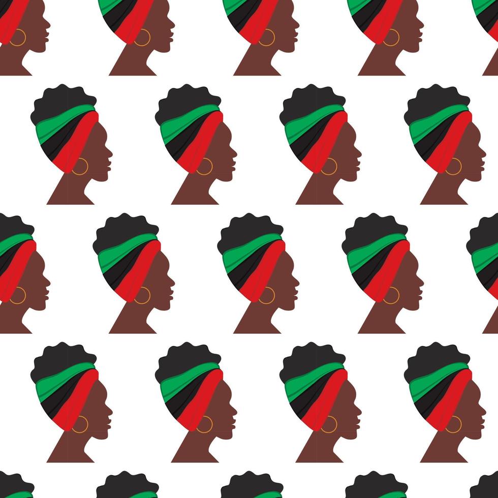 Seamless pattern of African woman profile with headband in national hues turned in one direction vector