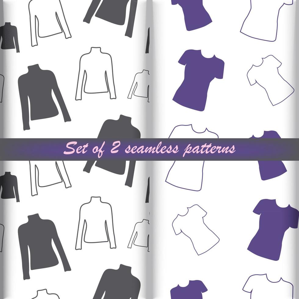 Set of Seamless patterns from outline clothing long, short sleeve tshirt trendy shades. Backgrounds vector