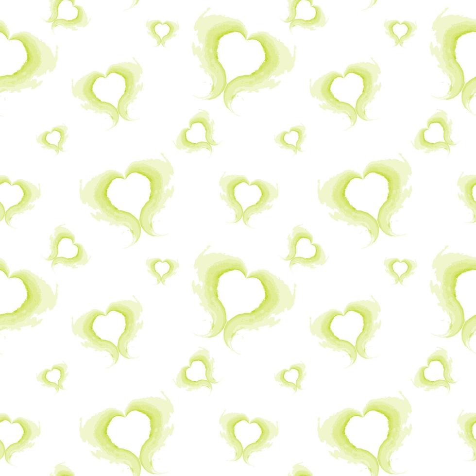 Seamless pattern of abstract brush strokes in shape of hearts in soft green shades in watercolor vector