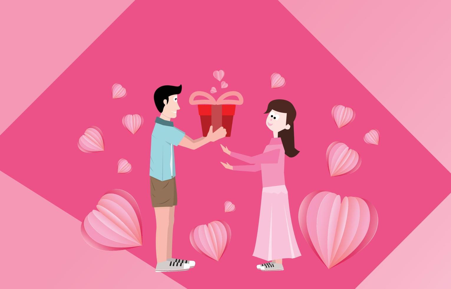 Cartoon man giving gift box to girl. Couple vector on Happy Valentine's Day. Expression of love decorated with paper cut hearts on a sweet background.