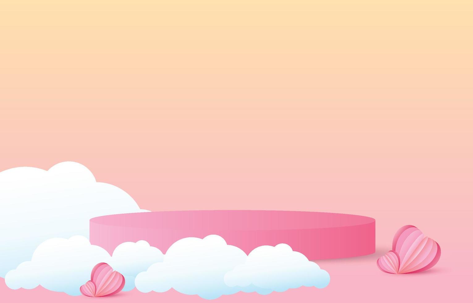 fondo del concepto del día de san valentín. podio de ilustración vectorial decorado con nubes. corazones cortados en papel dulce y rosa con pedestal redondo. linda pancarta de venta de amor o tarjeta de felicitación vector