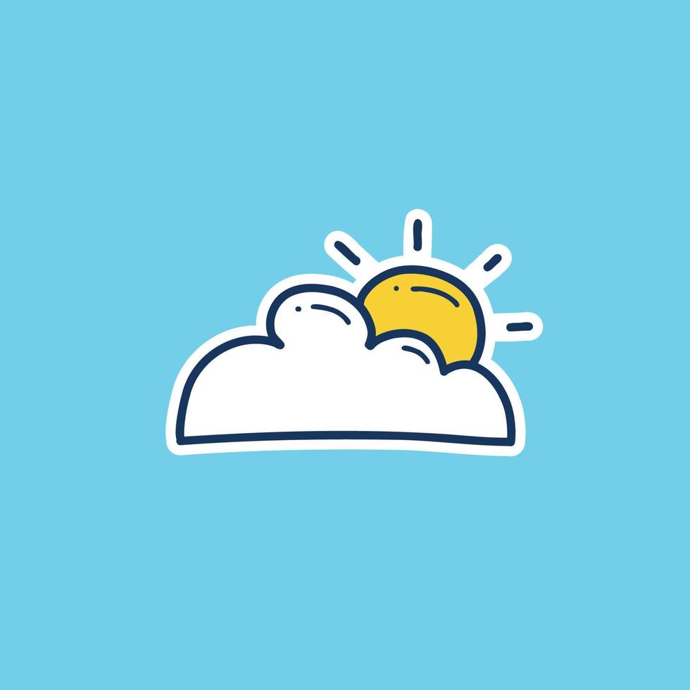 partly cloudy weather icon doodle hand drawing outline fill style. sun behind cloud doodle icon vector