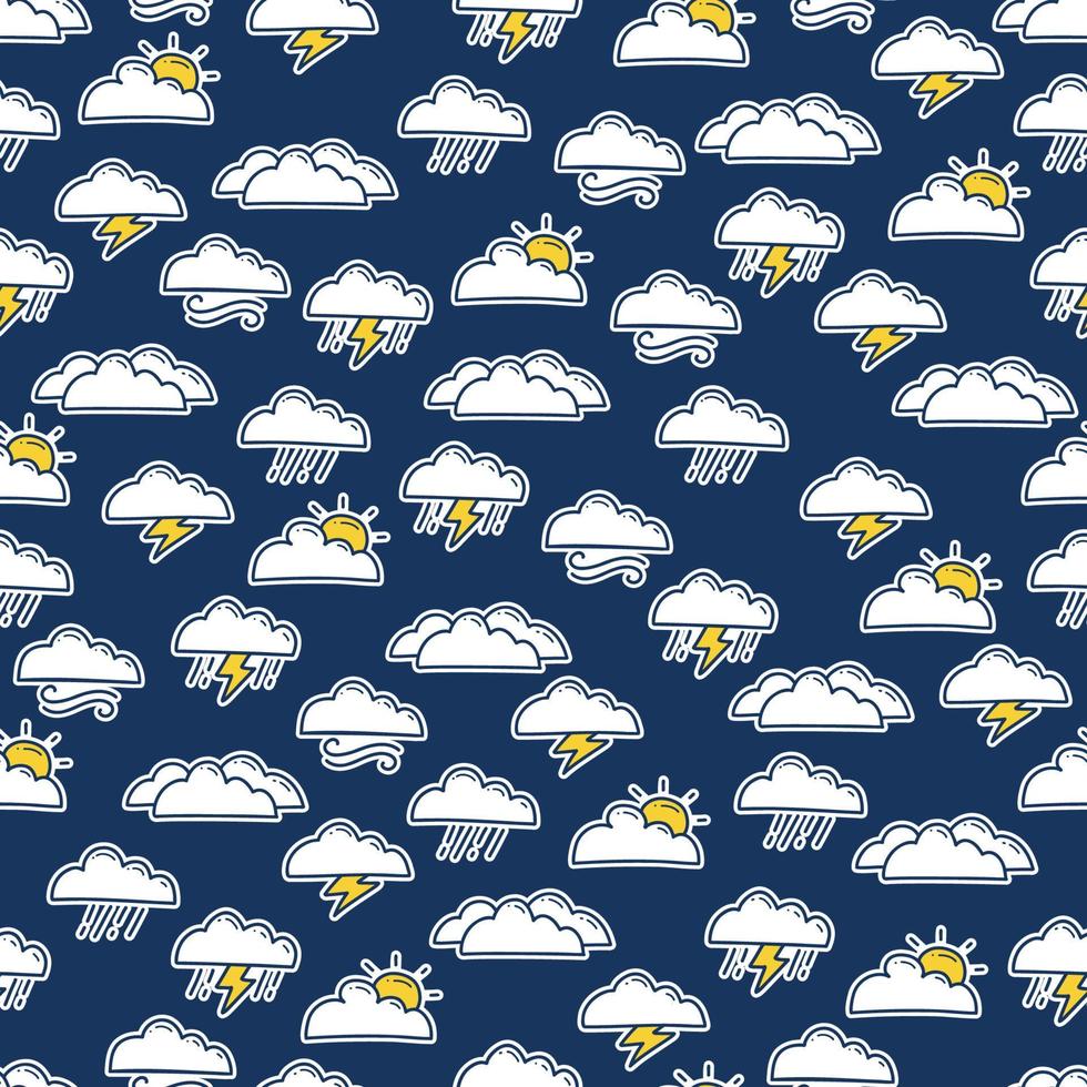 doodle hand drawing weather icon seamless pattern background with storm rain, rainy day, and clouds icon illustration vector