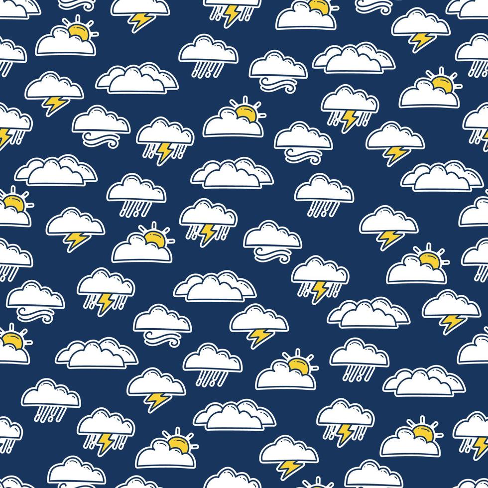 garabato dibujo a mano icono del tiempo sin fisuras de fondo con lluvia de tormenta, día lluvioso y nubes icono ilustración vector