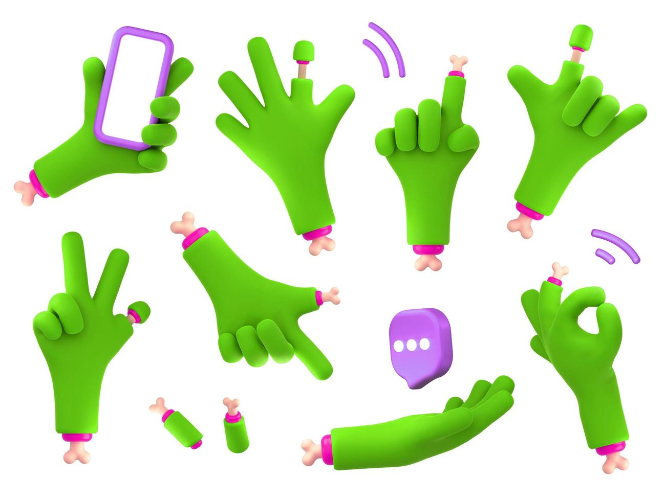 Zombie hands 3d render set, green monster palms photo