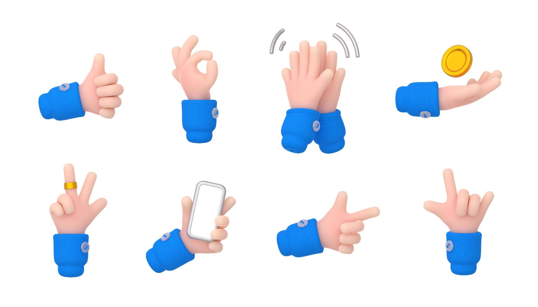 3d render hand gestures clap, ok, peace, thumb up photo