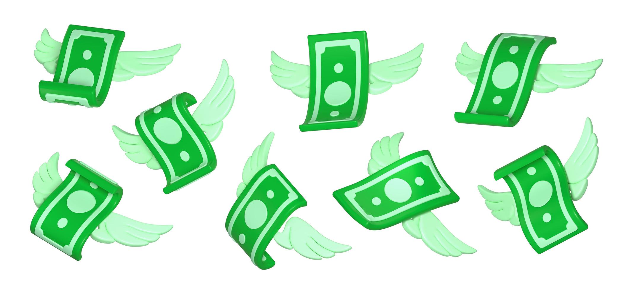 3d render flying banknotes with wings, money set photo