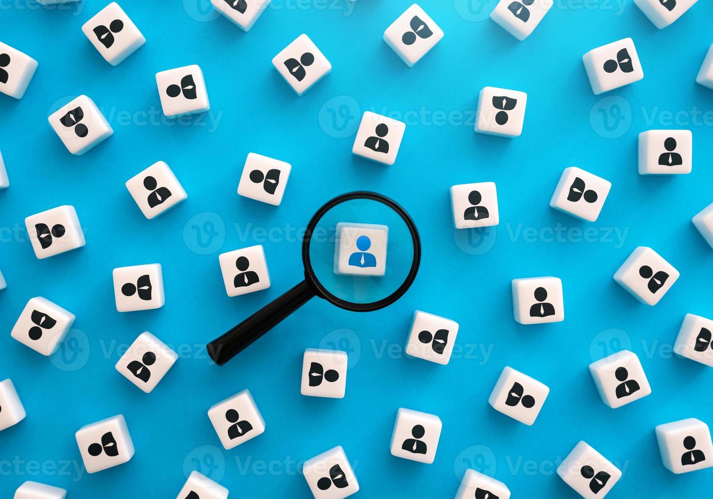 Magnifying glass and highlighted person. Select and recruit. HR search for new employees for the job position. Human resources and the labor market. Identification. Search for a donor. photo