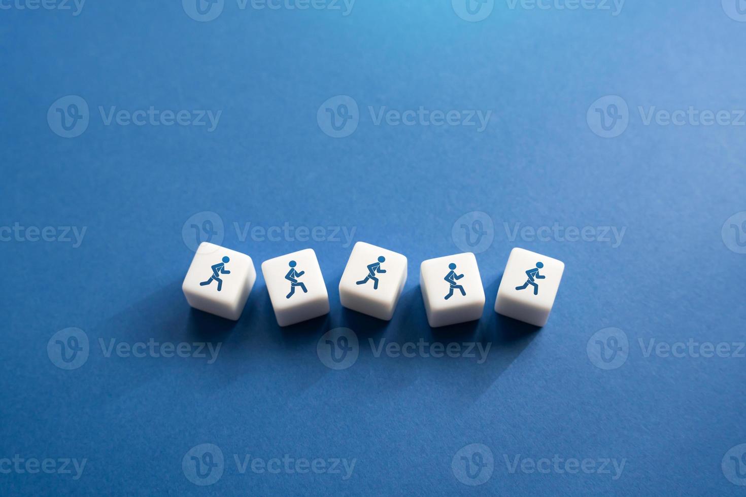 Running and action. Running people on the blocks. Competition and rivalry concept. Be the first and the best. Business strategic planning, risk management. New markets opportunities. Achieve victory. photo