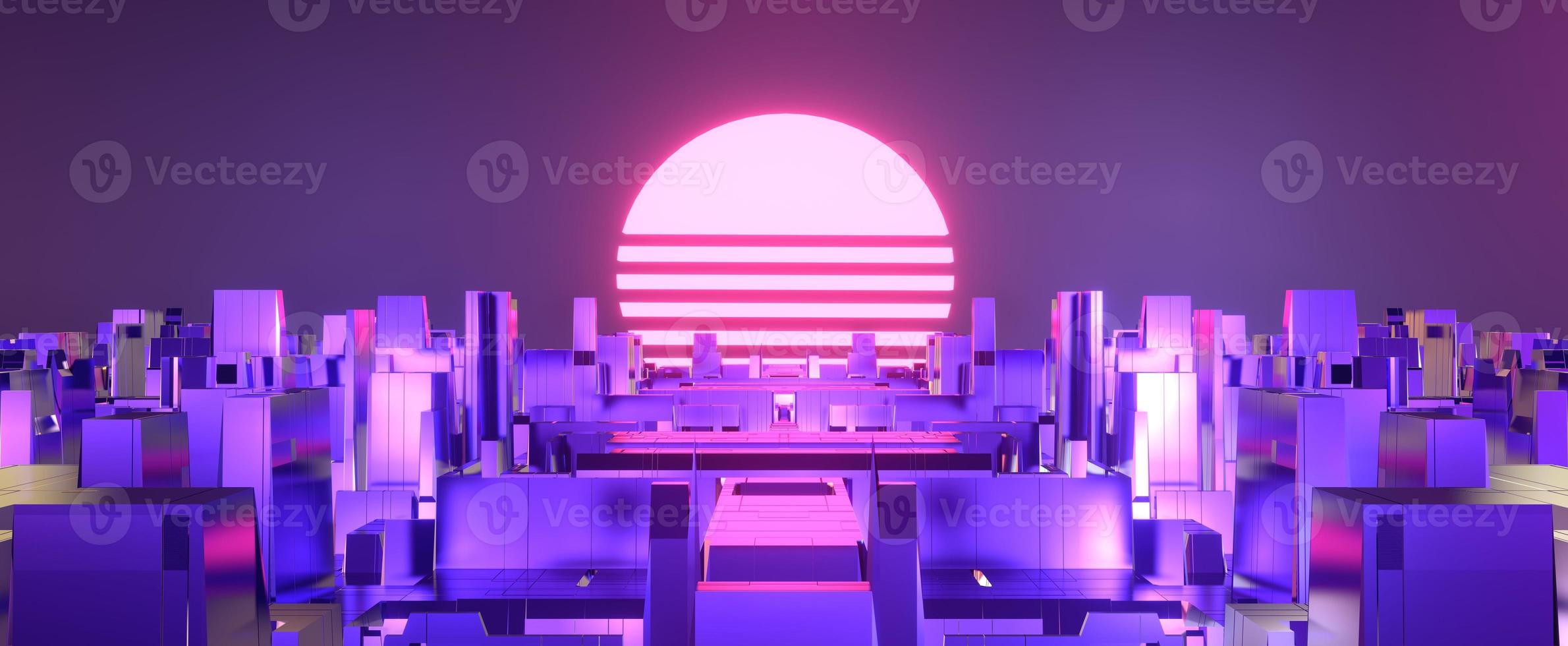 Purple neon city with synthwave sun background photo