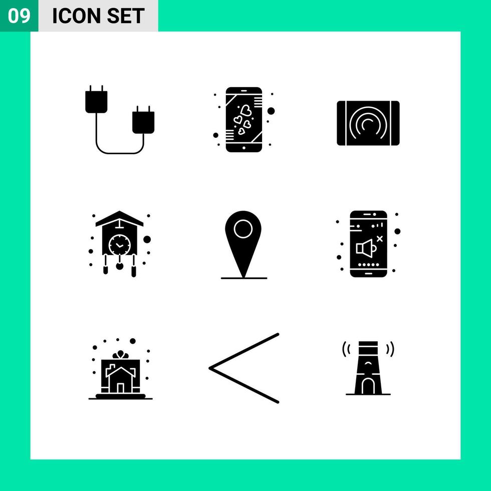 Pack of 9 Modern Solid Glyphs Signs and Symbols for Web Print Media such as old clock smart phone home interface Editable Vector Design Elements