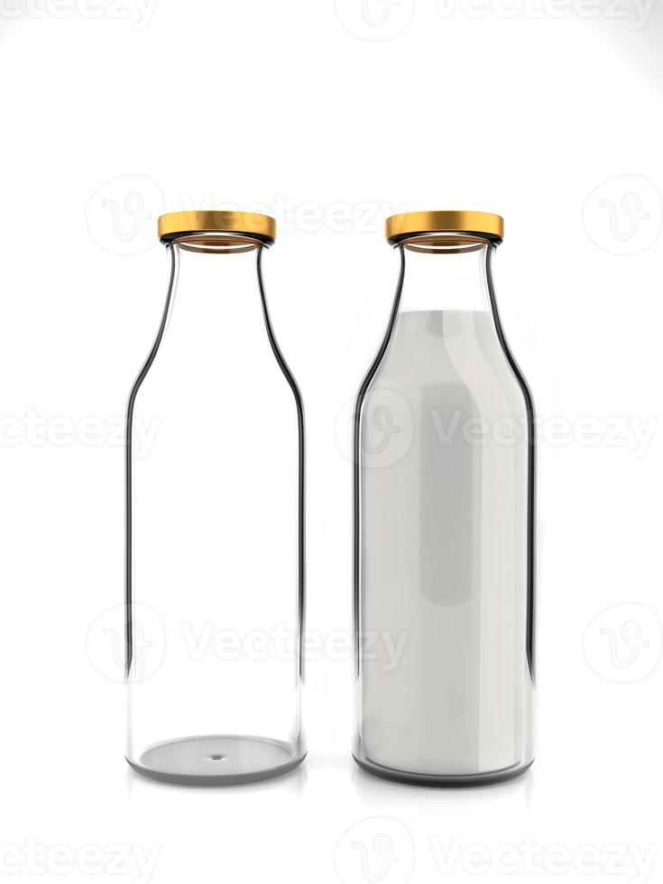botella de leche blanca, vacía y llena aislada sobre fondo blanco - ilustración 3d foto