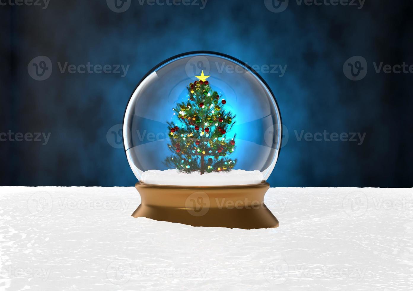 Snow Globe Christmas Magic Ball with Xmas Tree on Blue Background - 3D Illustration photo