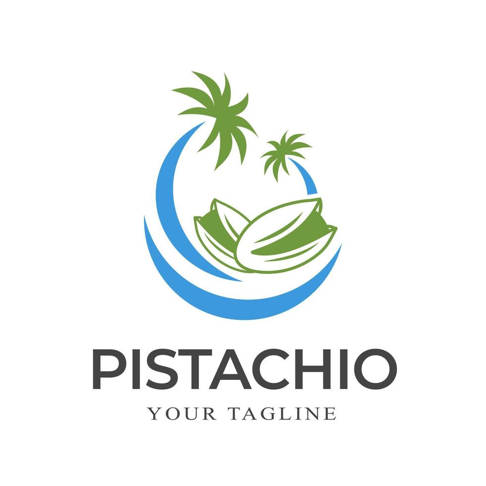 nueces de pistacho con símbolo de mar y palmera, plantilla de logotipo. semillas de pistacho con cáscara, diseño vectorial. comida y nutrición vegetariana y orgánica, natural, ilustración de diseño vector