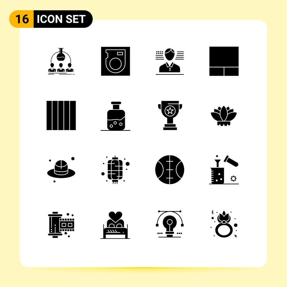 Pack of 16 Modern Solid Glyphs Signs and Symbols for Web Print Media such as award science man test layout Editable Vector Design Elements