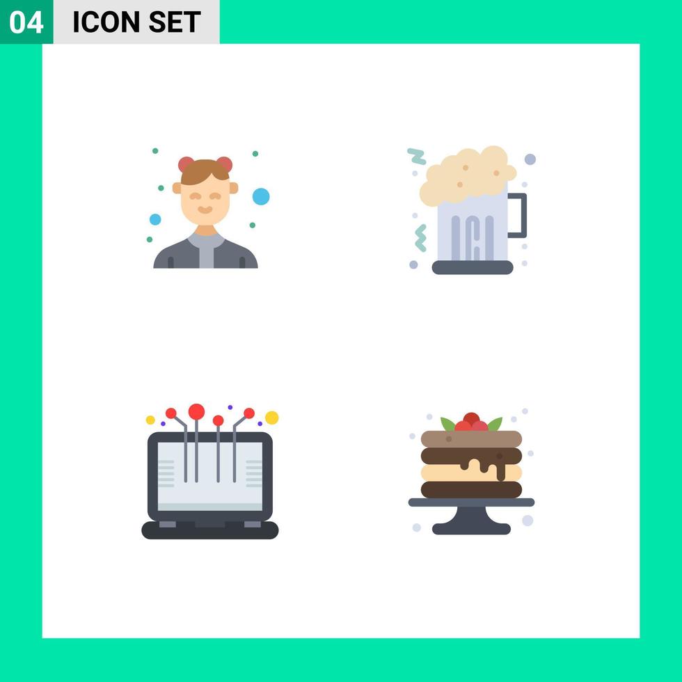 Group of 4 Flat Icons Signs and Symbols for avatar computer waitresses night laptop Editable Vector Design Elements