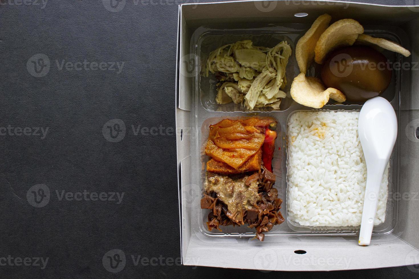 Las loncheras gudeg son similares a las cajas bento: cajas de arroz, arroz, cajas de catering, servicios de alimentos, arroz tibio, huevos dulces, krecek, tofu, tempeh, trozos de pollo, foto