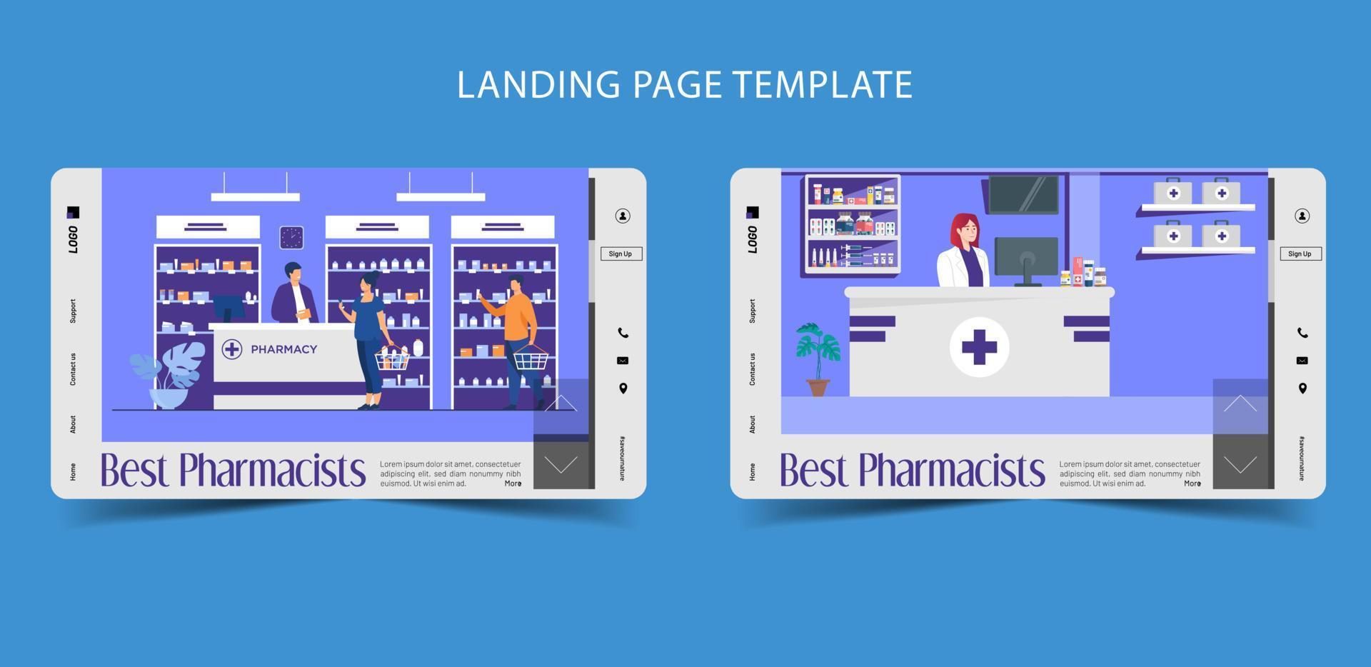 Online pharmacy and medicine help care flat landing page vector illustration
