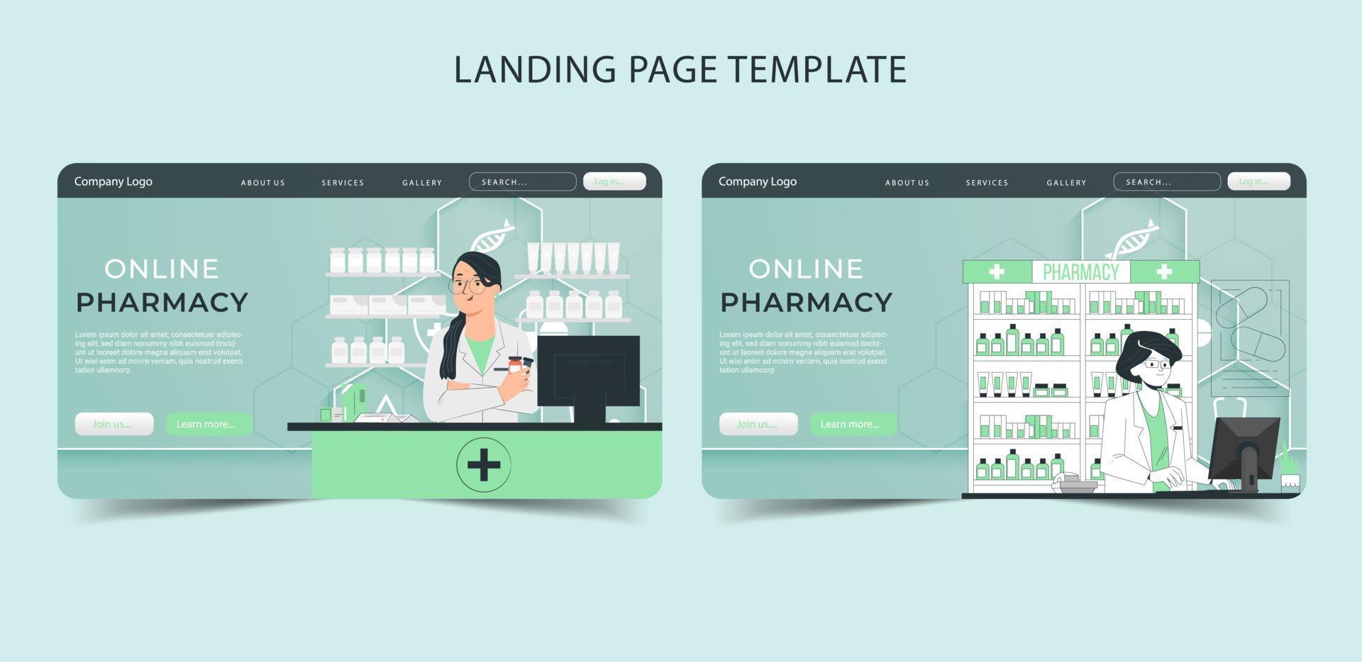 Online pharmacy and medicine help care flat landing page vector illustration