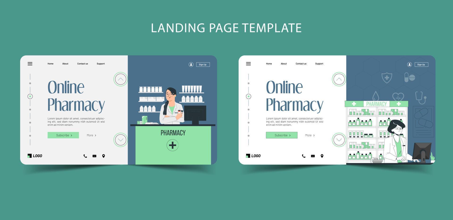 Online pharmacy and medicine help care flat landing page vector illustration