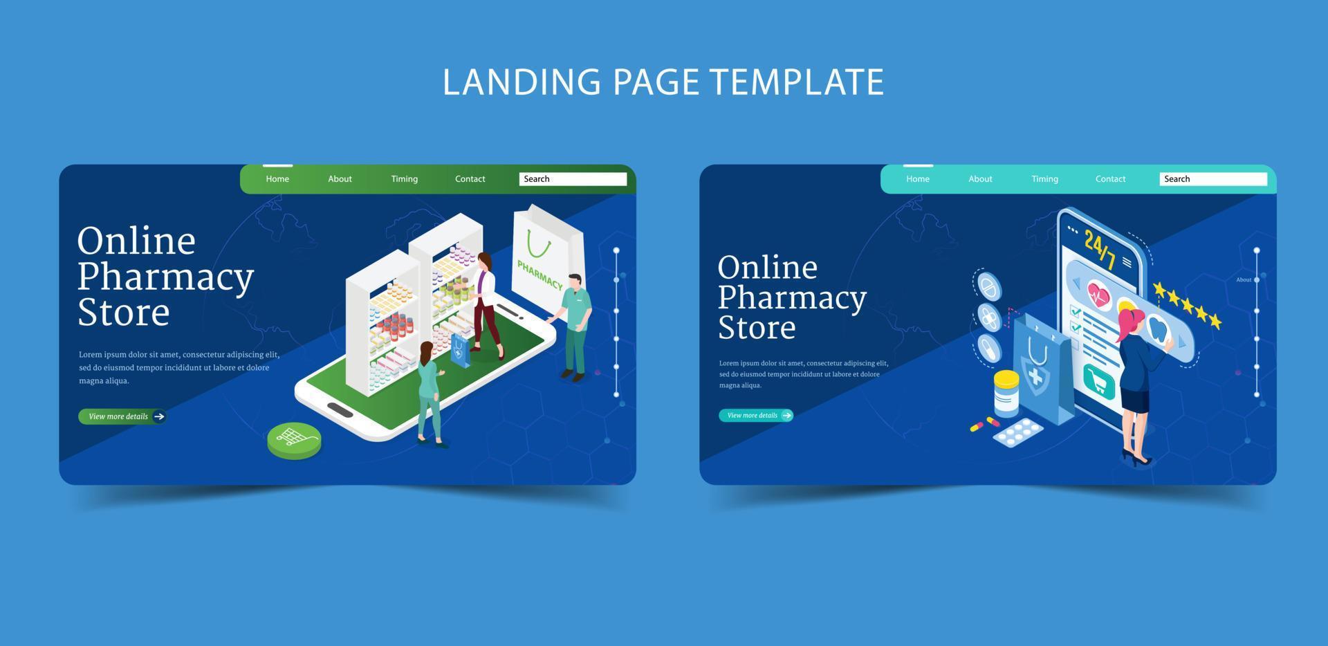 Online pharmacy and medicine help care realistic and isometric landing page vector illustration