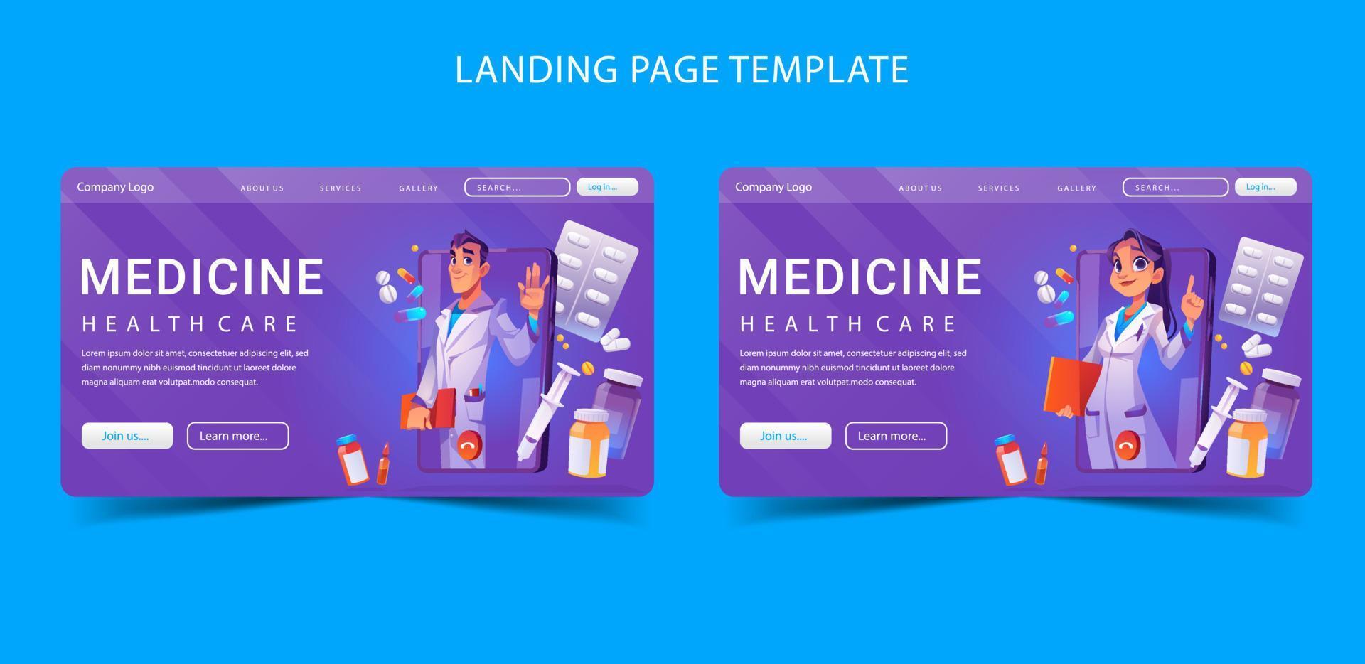 Online pharmacy and medicine help care realistic and flat landing page vector illustration