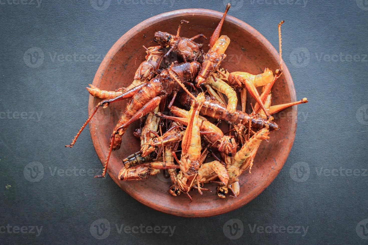 fried grasshopper or belalang goreng is traditional food from southeast asia, served with sambal, onion, garlic, chili on wood background photo