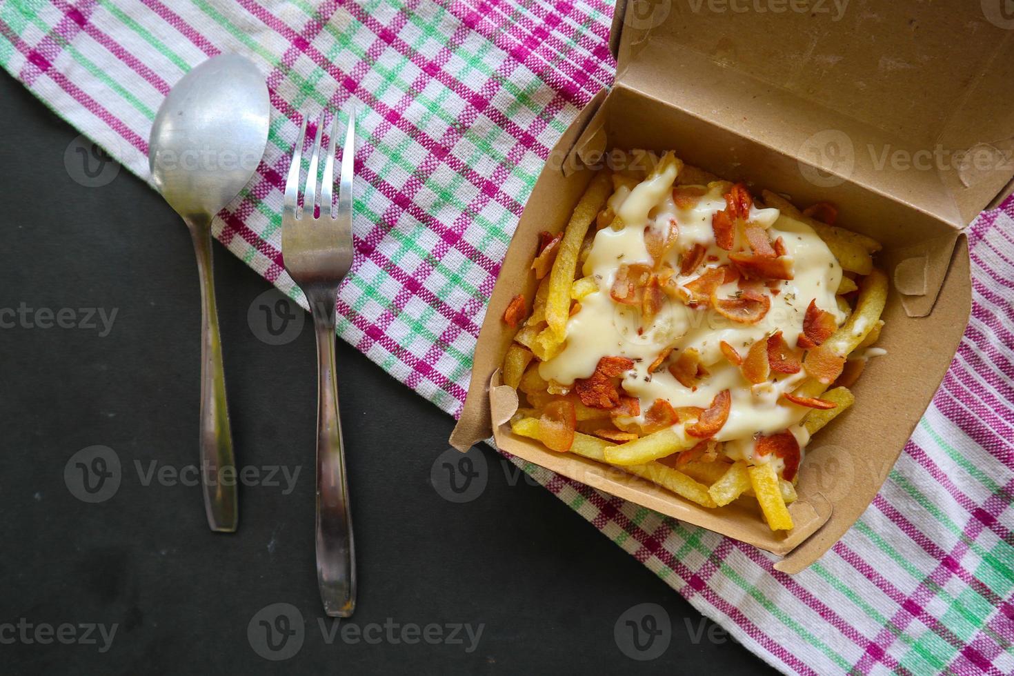 fried fries with with melted cheddar cheese or fried cheese with topping sausage slices on box photo