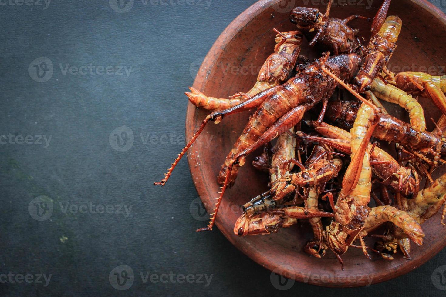 fried grasshopper or belalang goreng is traditional food from southeast asia, served with sambal, onion, garlic, chili on wood background photo