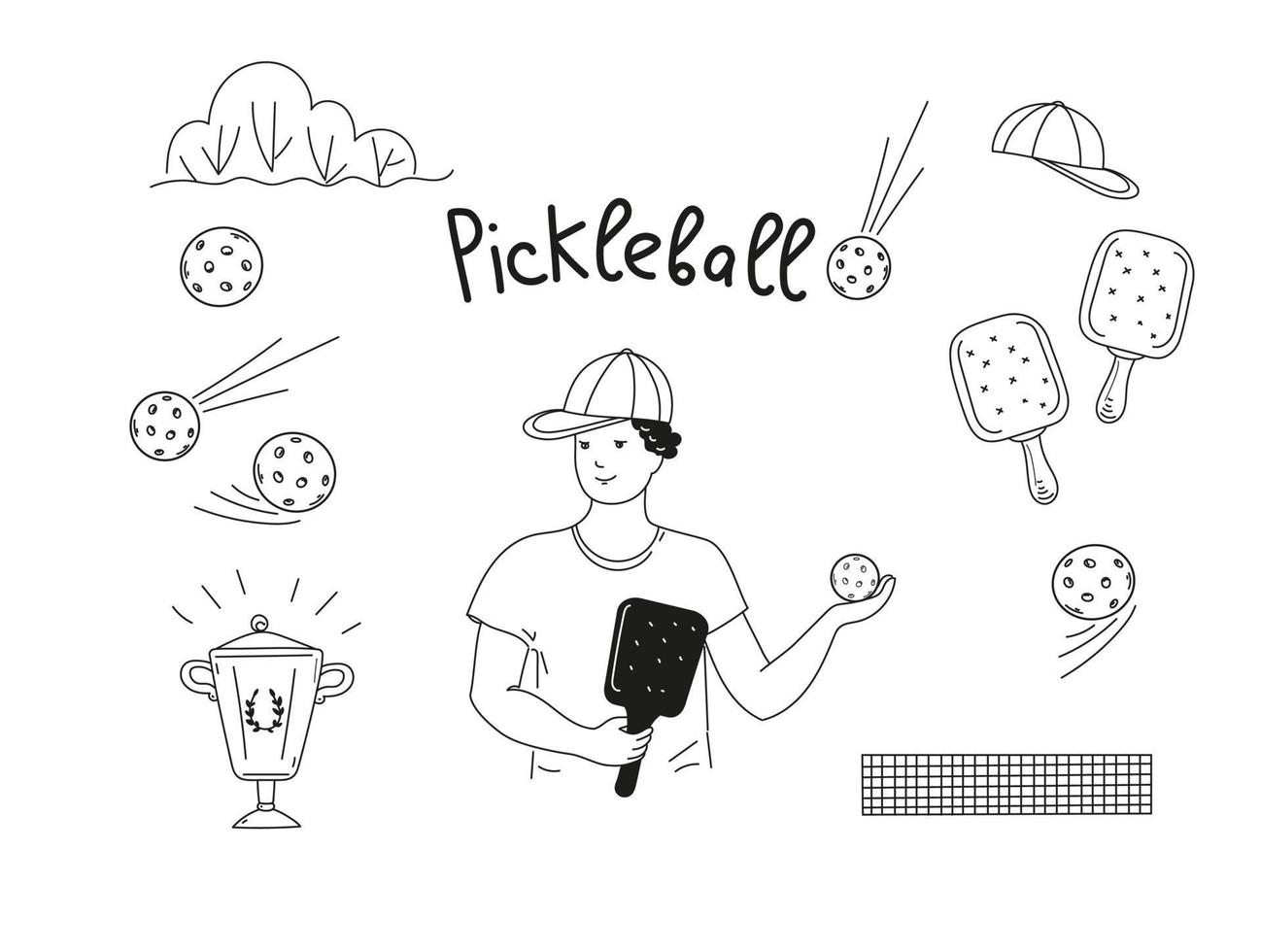 Pickleball game doodle set. Vector outline illustration.