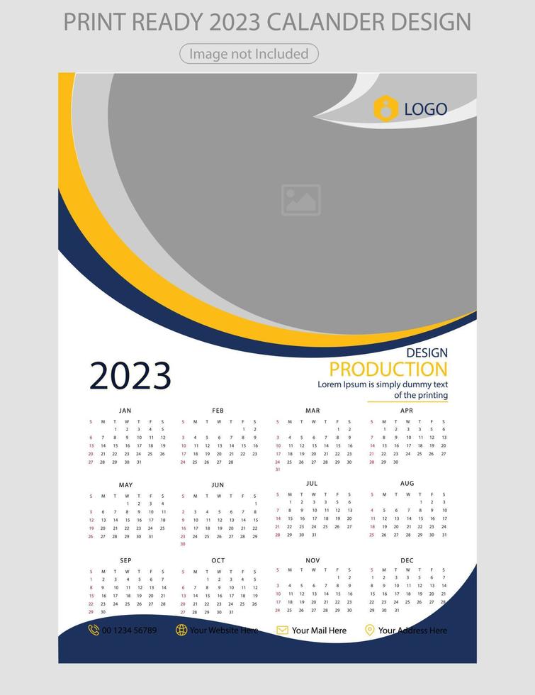 calendario 2023. plantilla de página de ilustración editable a4, a3. inicio de semana el domingo. página editable vertical, ilustración de vector de calendario de pared. tarjeta corporativa simple, planificador