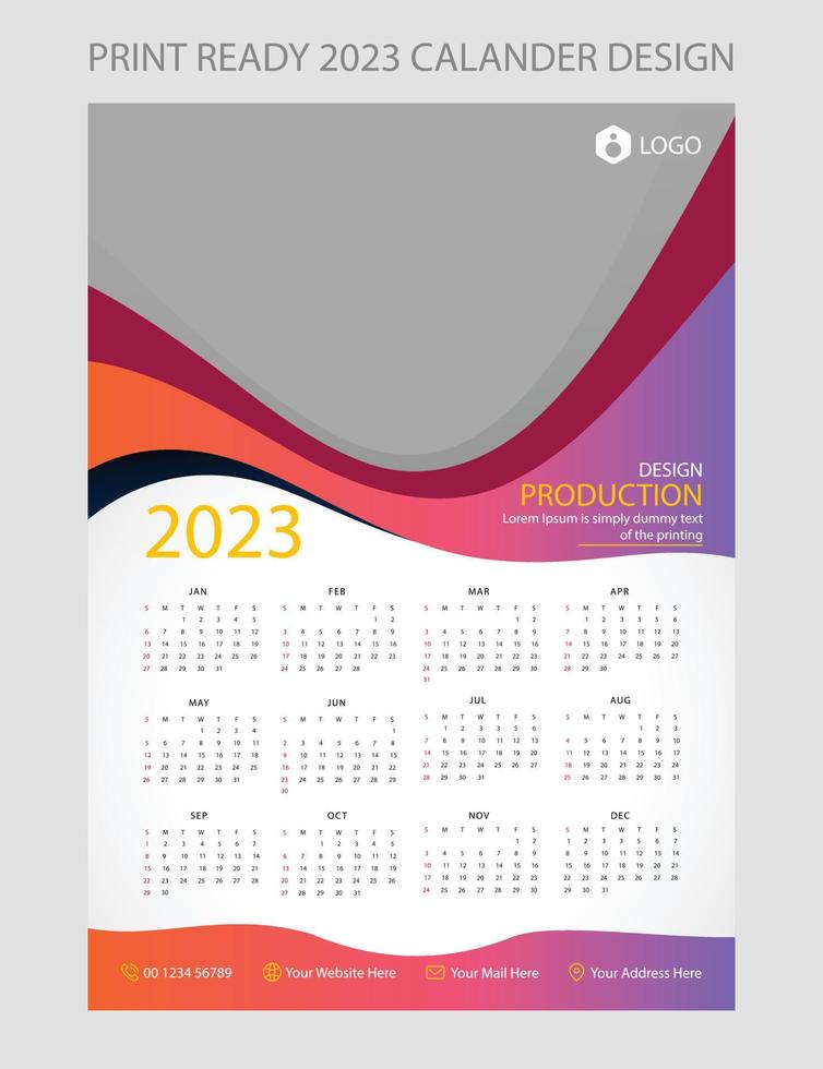 calendario 2023. plantilla de página de ilustración editable a4, a3. inicio de semana el domingo. página editable vertical, ilustración de vector de calendario de pared. tarjeta corporativa simple, planificador