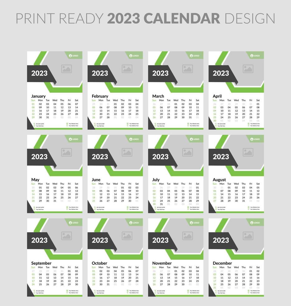 2023 calendar. Editable illustration page template A4, A3, set of 12 months with cover. Week start on Sunday. Vertical editable page, wall calendar vector illustration. Simple corporate card, planner