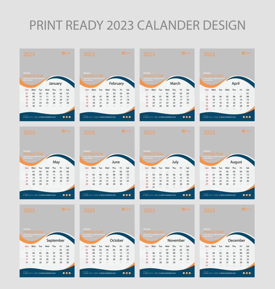 2023 calendar. Editable illustration page template A4, A3, set of 12 months with cover. Week start on Sunday. Vertical editable page, wall calendar vector illustration. Simple corporate card, planner