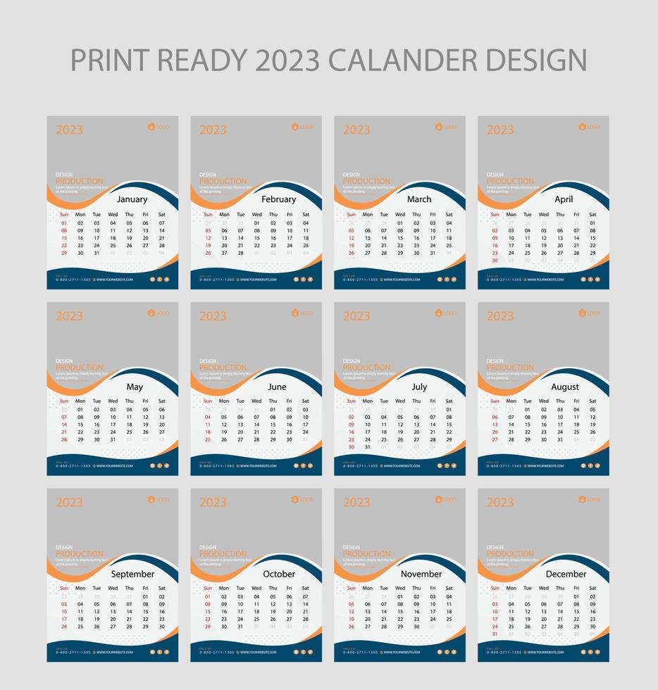 calendario 2023. plantilla de página de ilustración editable a4, a3, conjunto de 12 meses con portada. inicio de semana el domingo. página editable vertical, ilustración de vector de calendario de pared. tarjeta corporativa simple, planificador