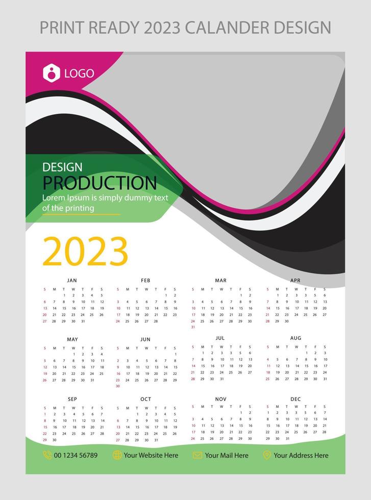 calendario 2023. plantilla de página de ilustración editable a4, a3. inicio de semana el domingo. página editable vertical, ilustración de vector de calendario de pared. tarjeta corporativa simple, planificador