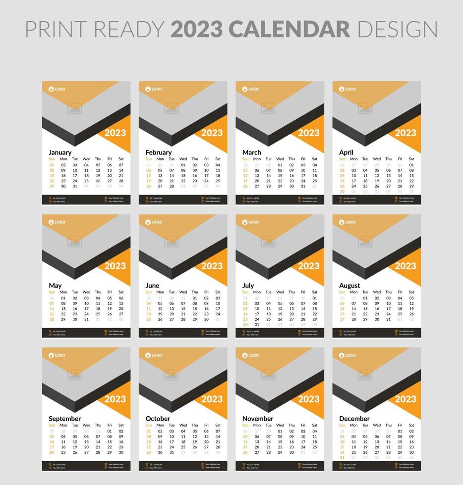 2023 calendar. Editable illustration page template A4, A3, set of 12 months with cover. Week start on Sunday. Vertical editable page, wall calendar vector illustration. Simple corporate card, planner