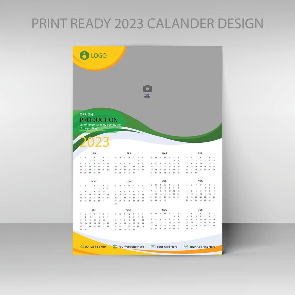 calendario 2023. plantilla de página de ilustración editable a4, a3. inicio de semana el domingo. página editable vertical, ilustración de vector de calendario de pared. tarjeta corporativa simple, planificador