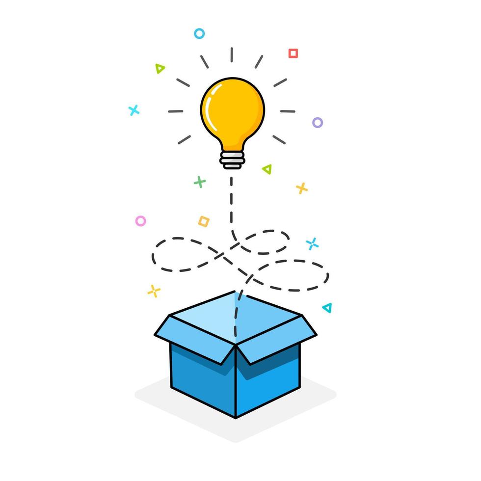 Bulb outside the box. Creative ideas. Vector illustration.